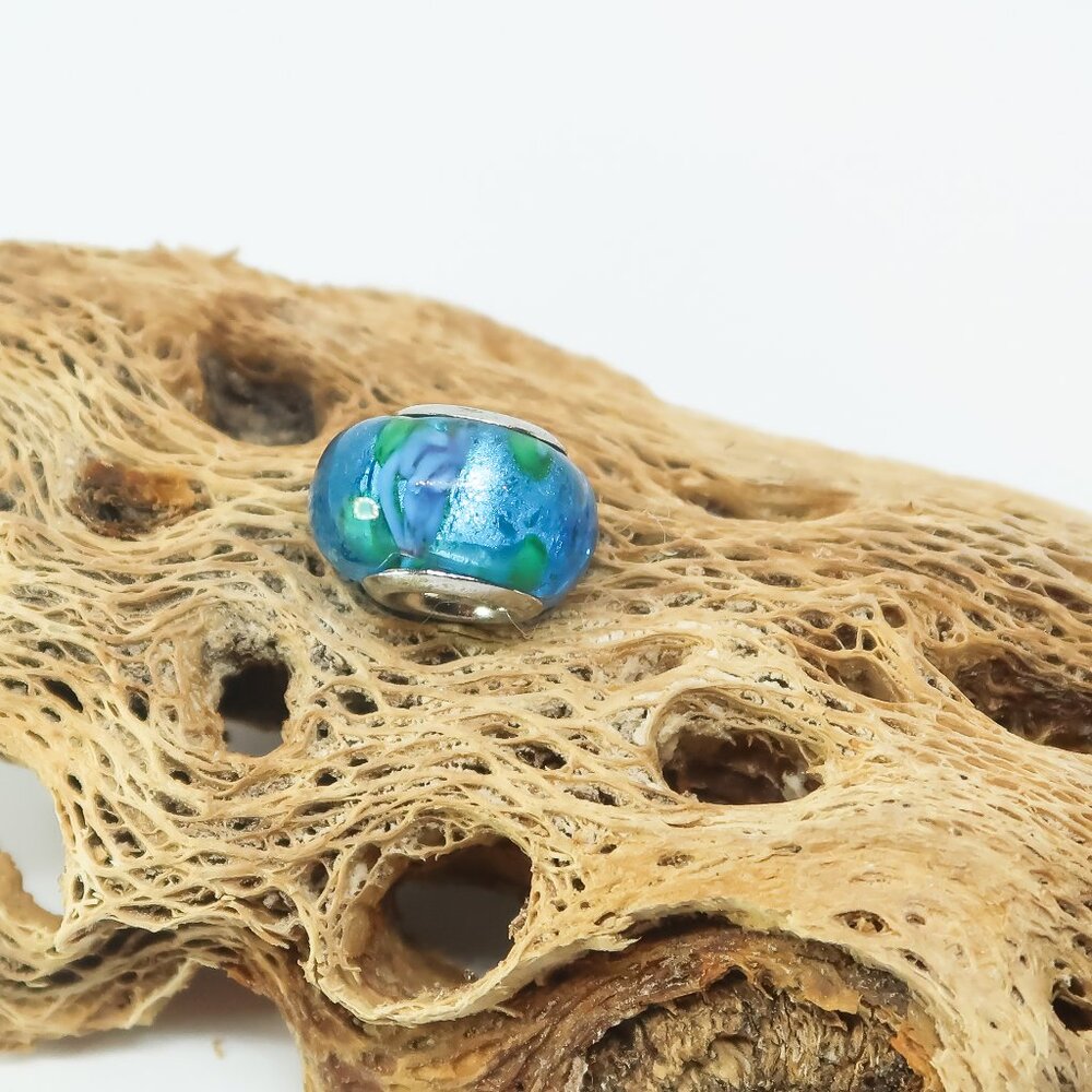 Blue and Green Metallic European Glass Charm Bead with Silver Core Center